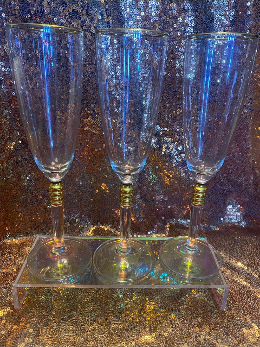 ✨ 🥂Vintage Hollywood Regency Gold Banded Champagne Flutes | Set of 3